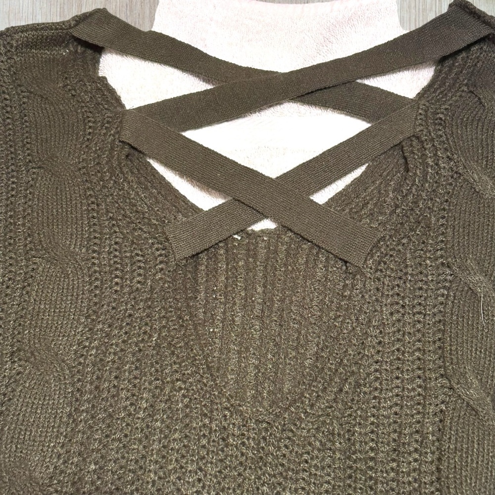 Extra Long V-Neck Sweater XL Stiletto Long Sleeves Olive Green Open Back - Picture 5 of 9